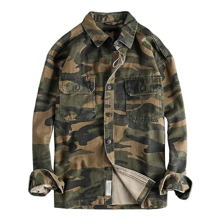 Men's Vintage Washed Cotton Camouflage Long Sleeve Workwear Shirt