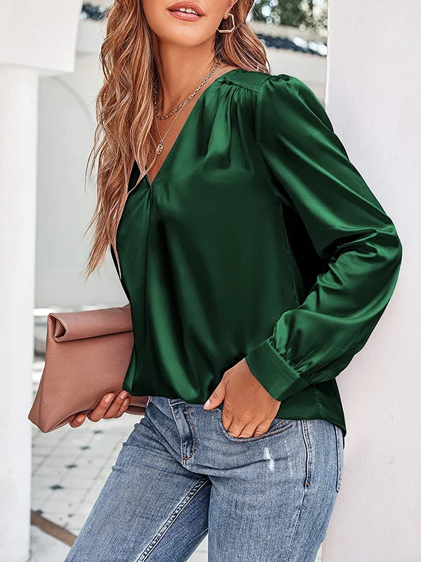 Loose Pleated Solid Color V-Neck Blouses&shirts Tops