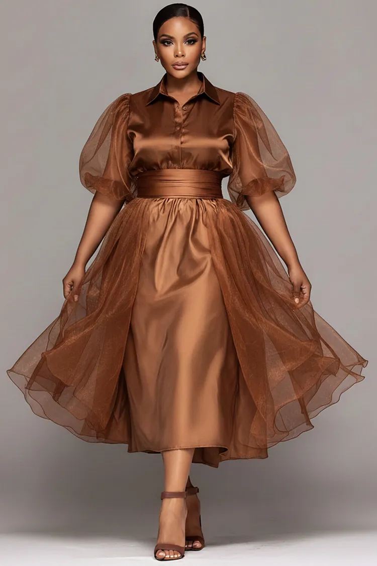Xpluswear Design Plus Size Cocktail Party Tulle Brown Round Neck Puff Sleeve Short Sleeve With&nbsp;Skirt&nbsp;Overlay Satin Midi Dresses [Pre-Order] 2024 - Xpluswear