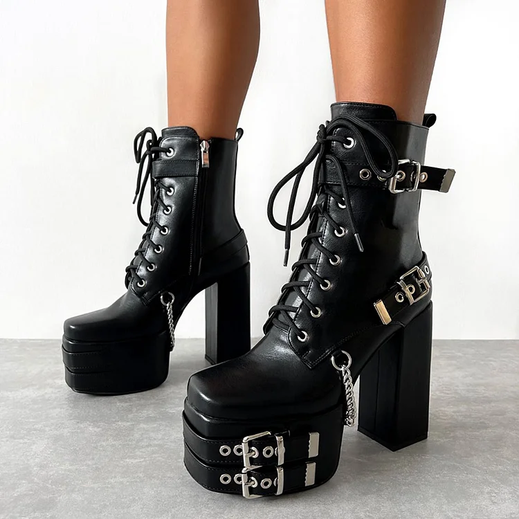 Black Square Toe Chunky Heels Chain Lace Up Platform Boots |FSJ Shoes