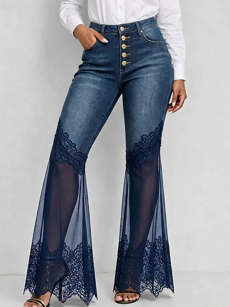 Women's High-waisted Loose-fit Lace-paneled Denim Wide-leg Pants