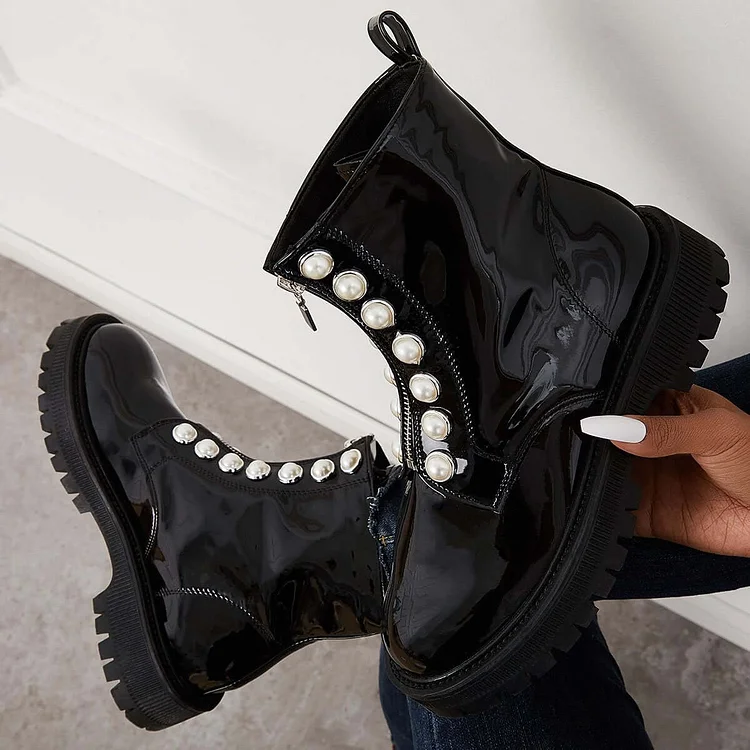 Black Patent Leather Lug Sole Combat Boots Platform Ankle Booties