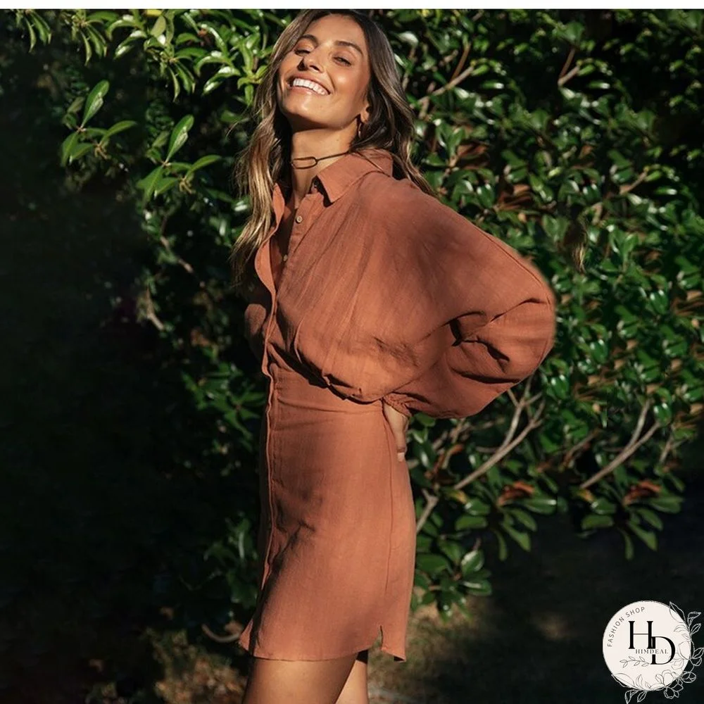 Autumn Winter Mini Shirt Dress Women's New Fashion Casual Solid Lantern Sleeve Turn-down Collar Button Beach Dresses For Femme