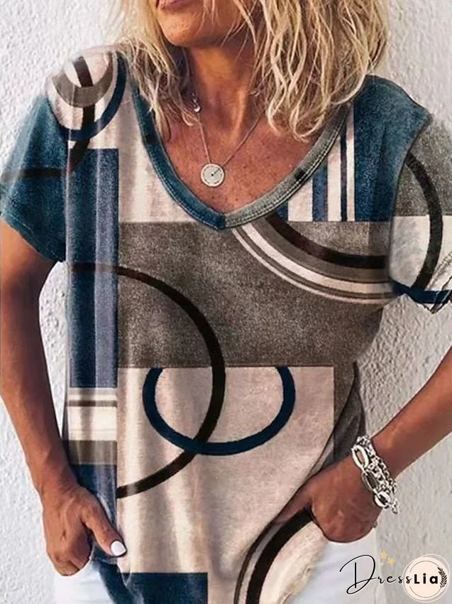 T shirt Tee Blouse Light Coffee Grey Graphic Geometric V Neck Print Short Sleeve Street Casual Tropical Daily Basic V Neck Regular S for Women