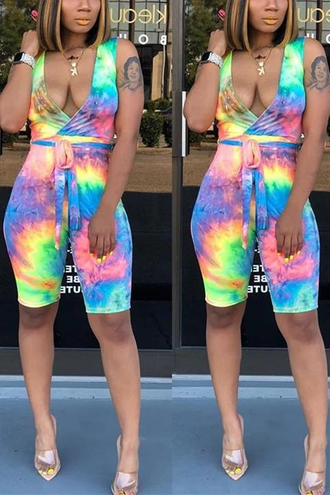 Fashion Tie-Dyed Print Sling Sleeveless  Romper