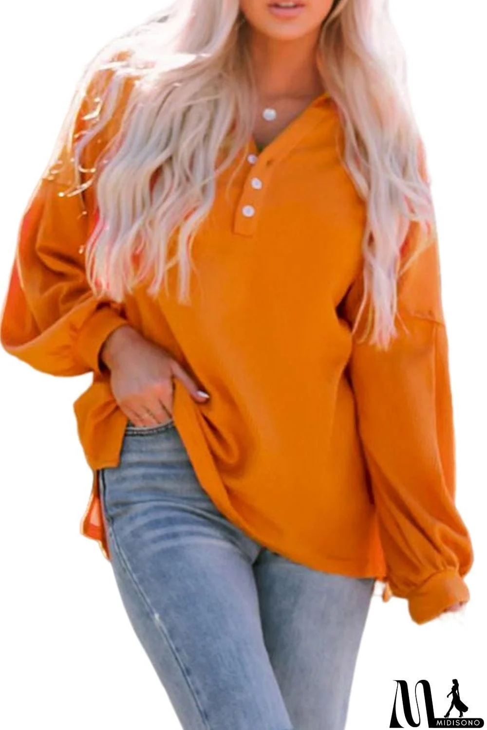 MidiSono - Puff Sleeve Side Slit Buttoned Waffle Knit Hoodie