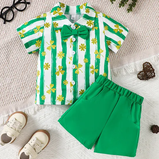 【12M-5Y】Boys' St. Patrick's Day Printed Shirt + Shorts 2-Piece Set