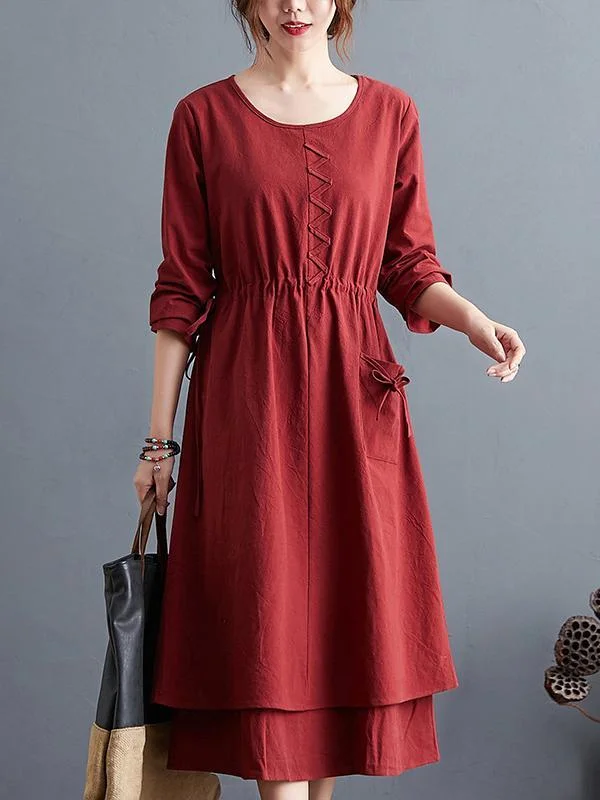 Temperament cotton and linen round neck dress-Mayoulove