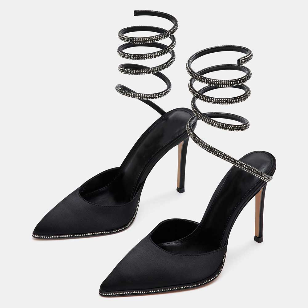 Black Satin Pointed Toe 4'' Stiletto Heel Rhinestone Lace Up Pumps Nicepairs