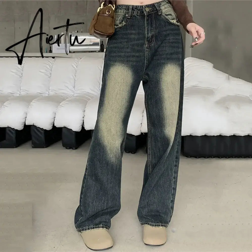 Aiertu Retro Blue Baggy Jeans Women's Washed Distressed Straight Denim Pants Fashion Autumn Loose Wide-leg Trousers Female Pantaloons Aiertu