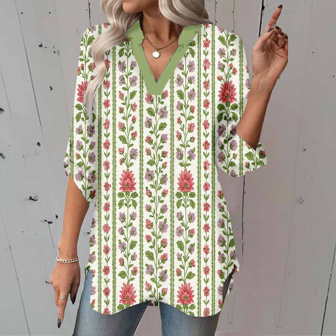 Women Floral, Leaves, Green, Red DZGA0114 3/4 Sleeve V-neck Printed Graphic Button Tops
