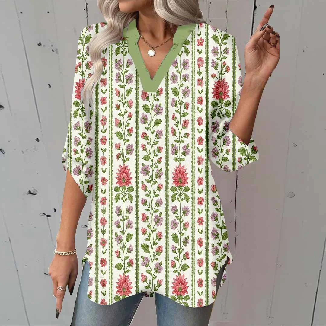 Women Floral, Leaves, Green, Red DZGA0114 3/4 Sleeve V-neck Printed Graphic Button Tops