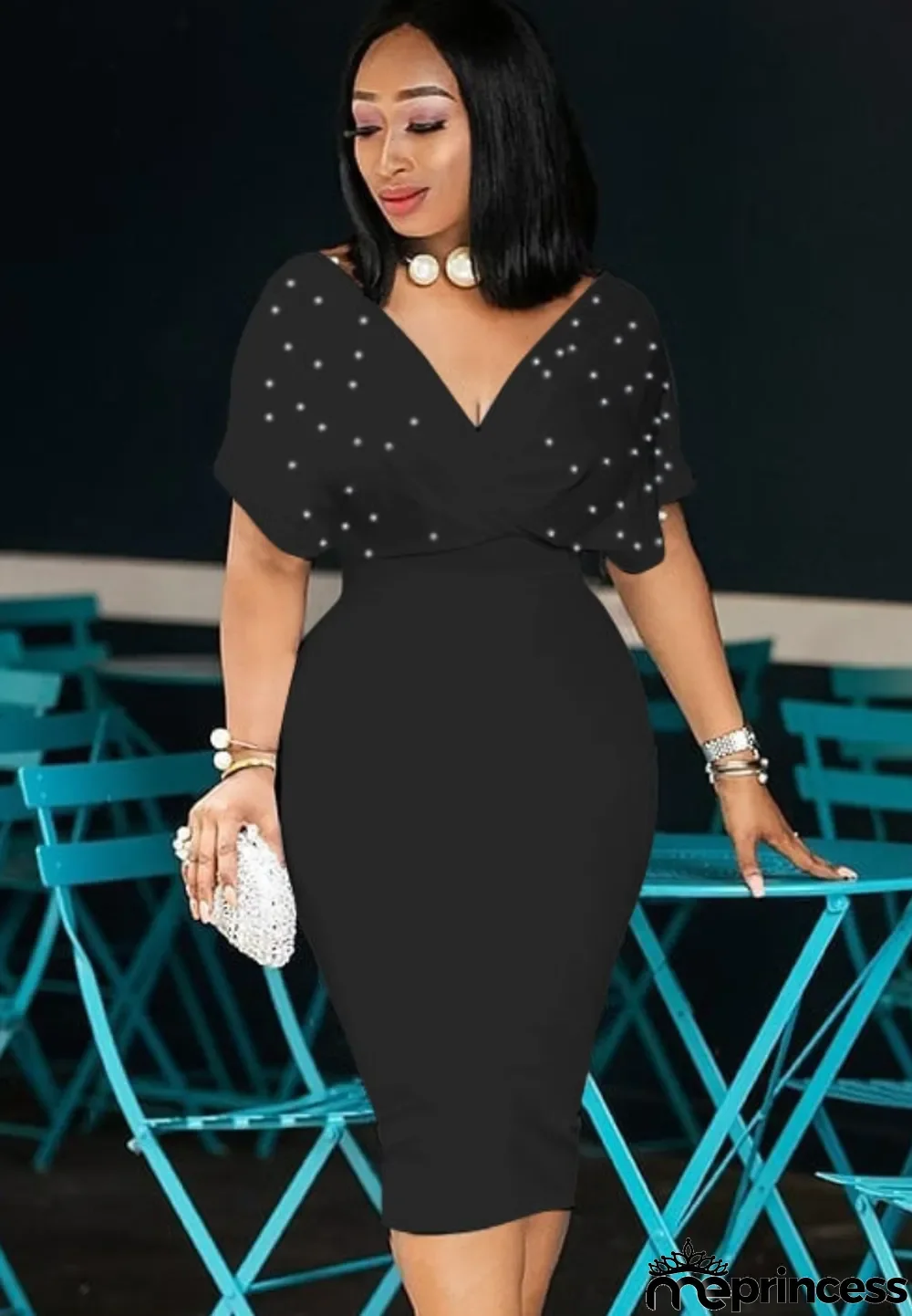 Autumn Black Beaded V-Neck Midi Cocktail Dress