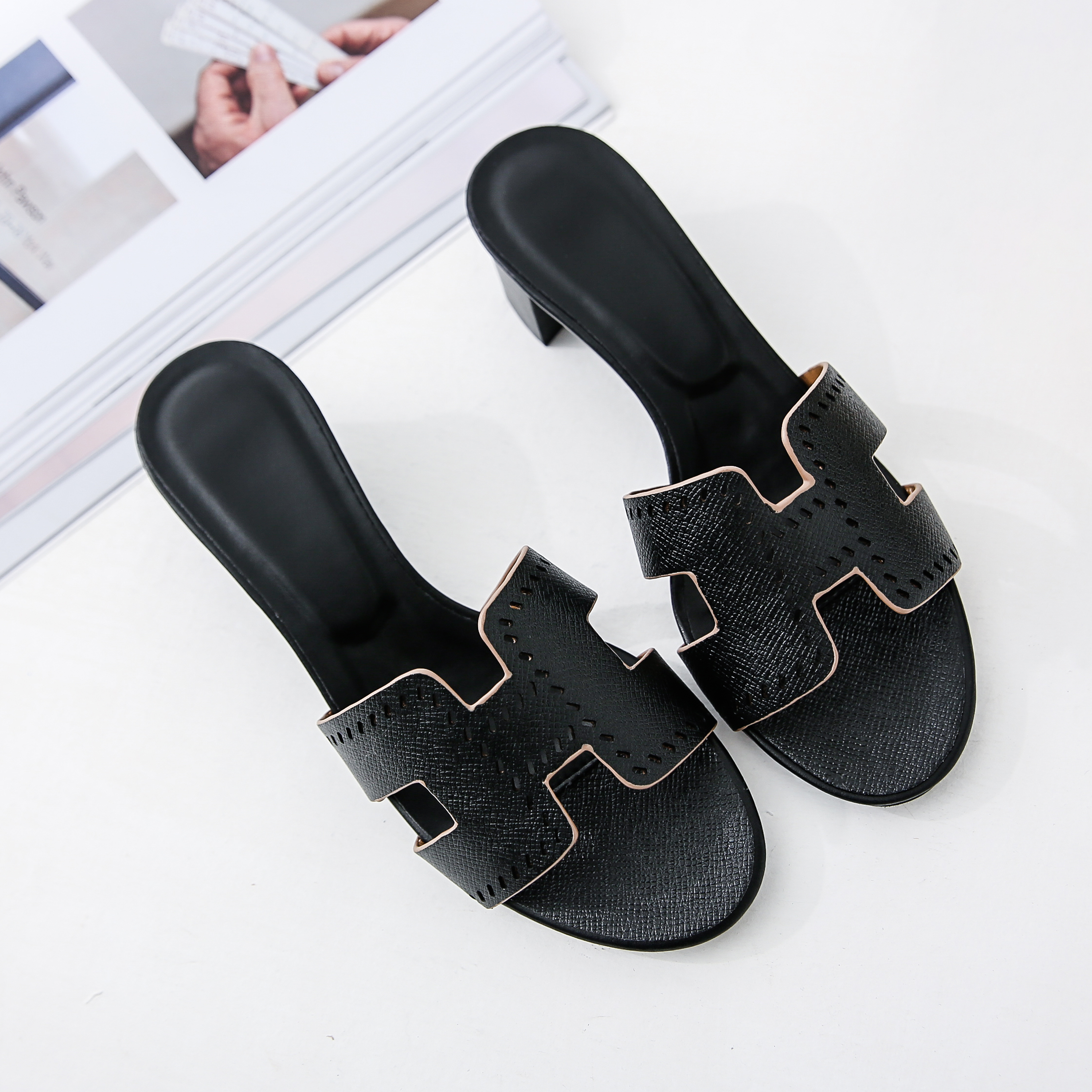 H-Shape Women's Flats Black Lychee Pattern Low heels Slippers-vocosishoes