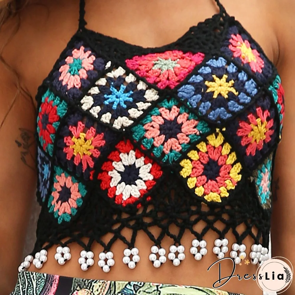 HandCrafted Bohemian Rhombus Crochet Granny Knit Halter High Neck Tank Crop Top Bikini