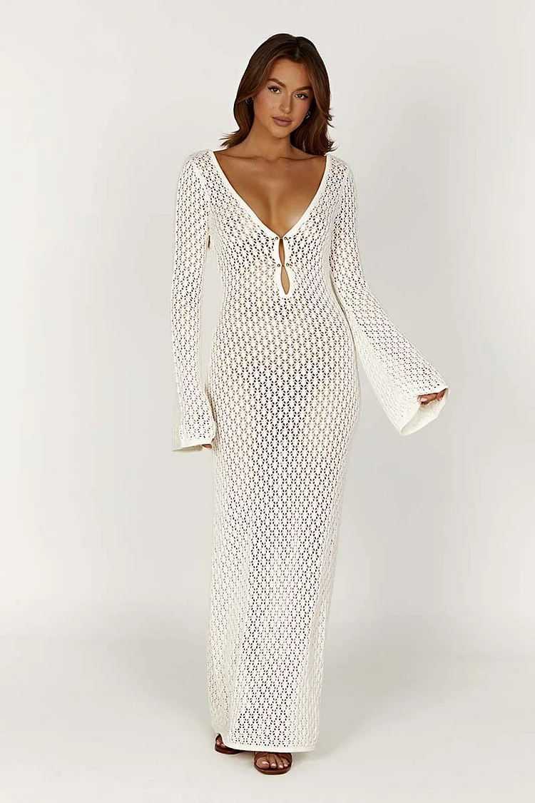 Deep V Neck Hollow Out Long Flare Sleeve Crochet Slim Vacation White Maxi Dresses [Pre Order]