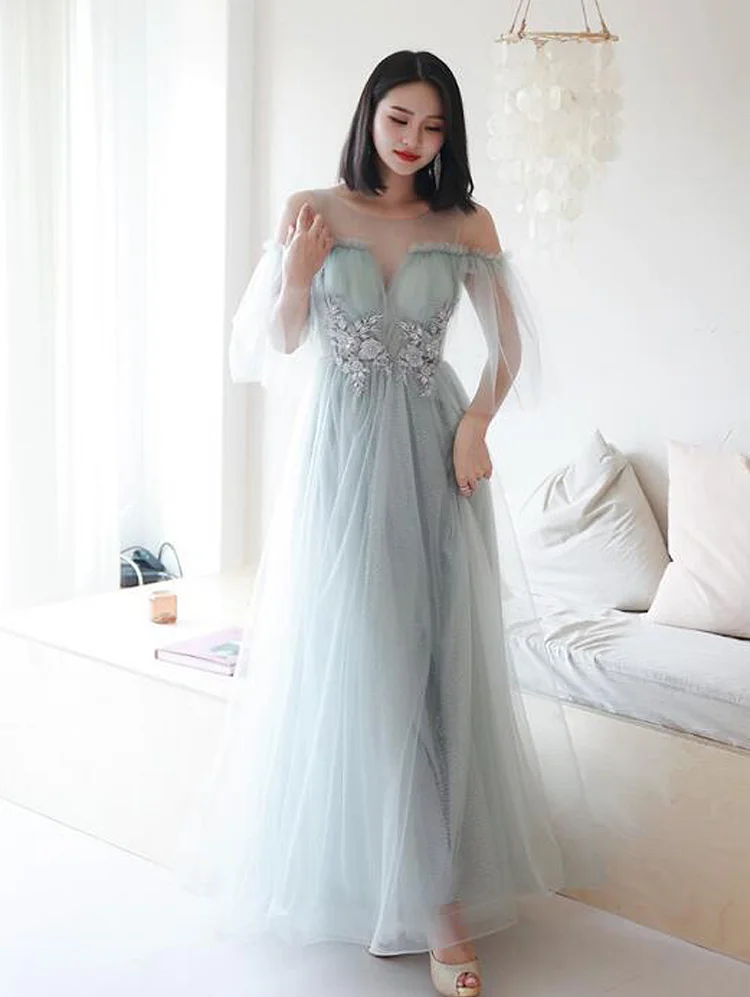 Simple Tulle Illusion A Line Evening Dress Appliques Off Shoulder Prom Cocktail Gowns
