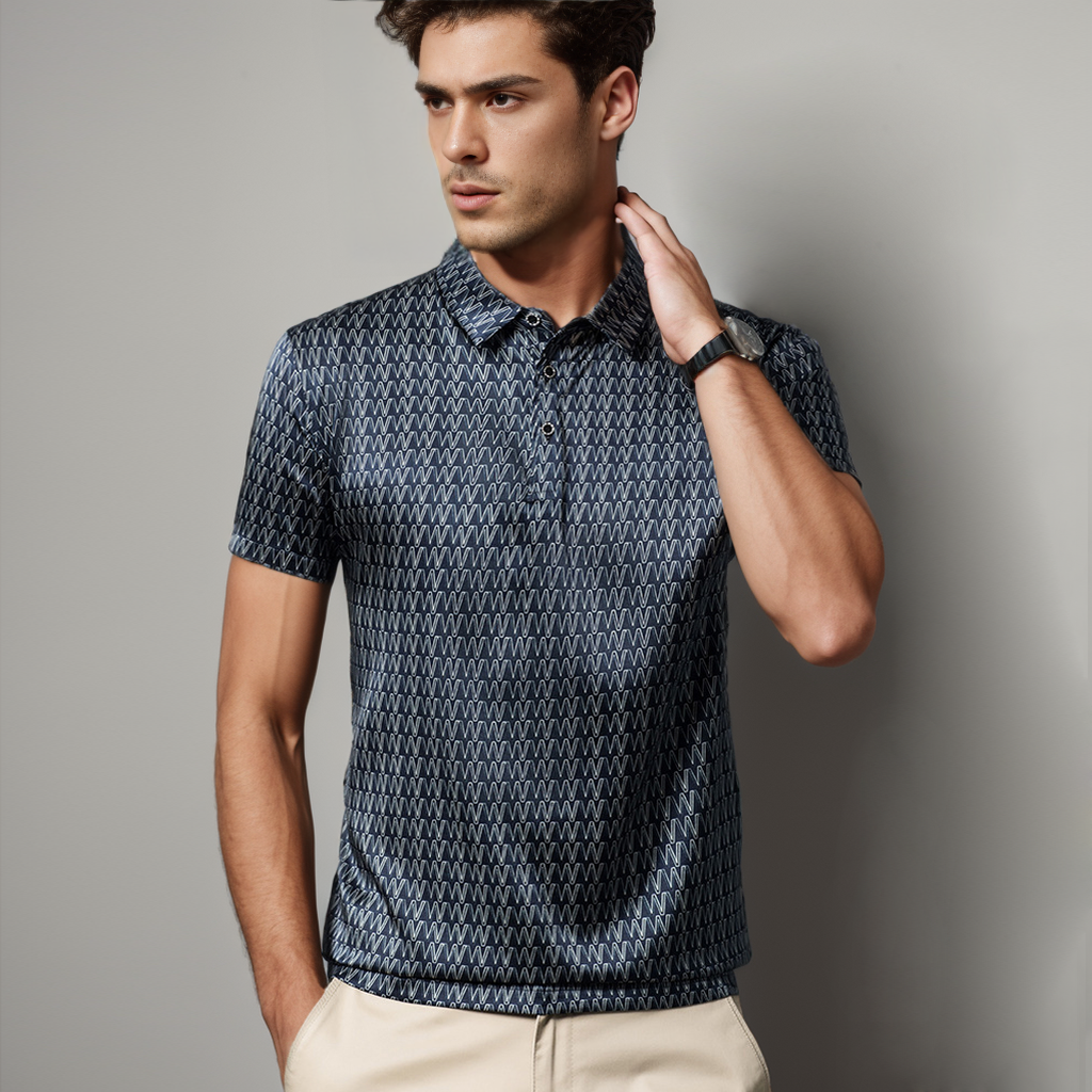 No-Iron Wrinkle-Free Men's Silk Polo Shirt Geometric Lines REAL SILK LIFE