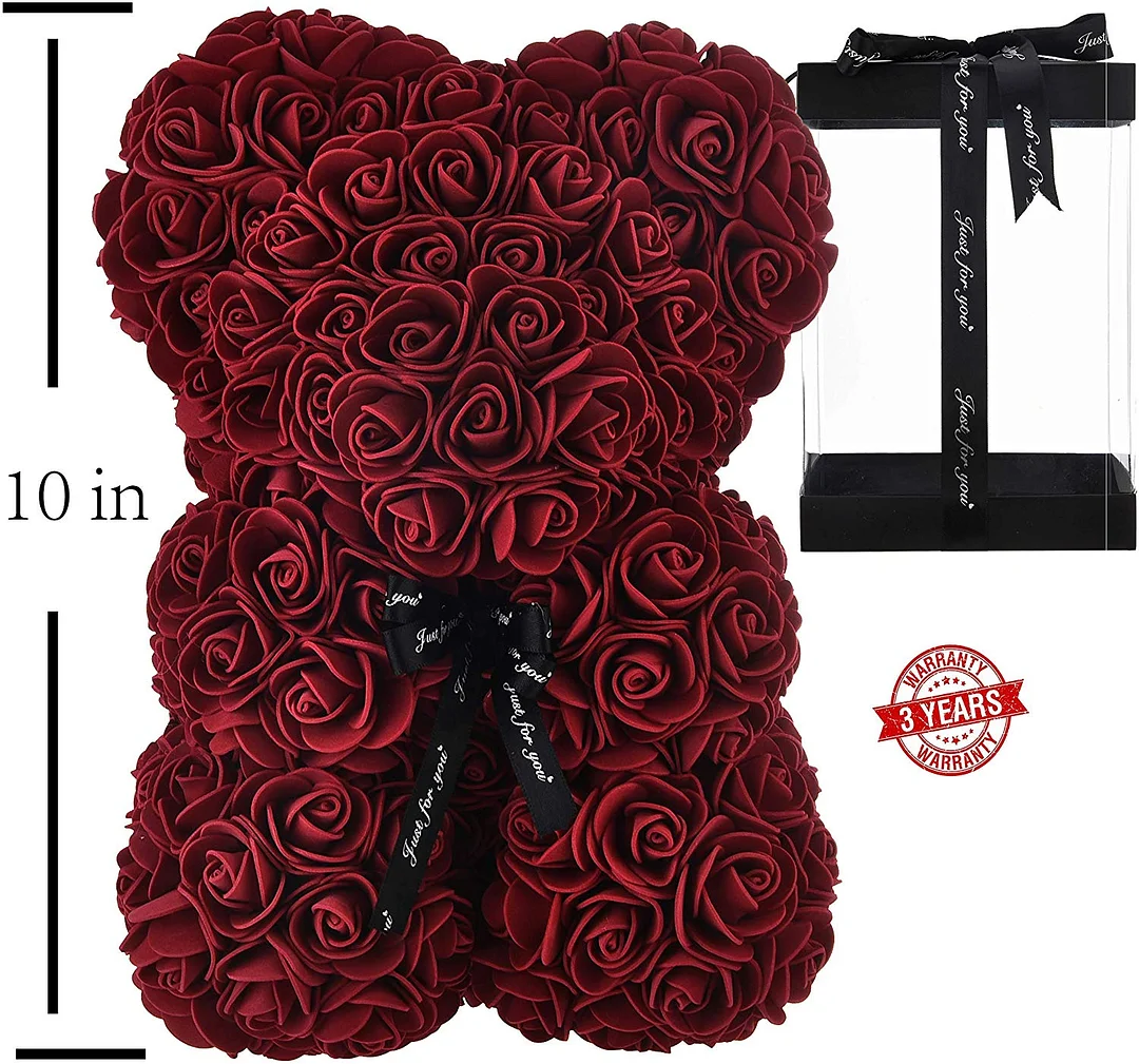 Rose Teddy Bear on Every Rose Bear  - Clear Gift Box Included! 10 Inches Tall - Over 200+ Flowers (Pink)