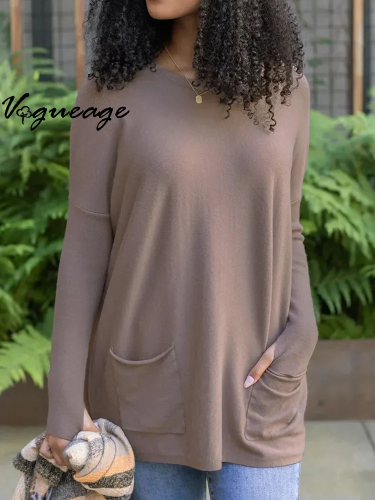 Women's Fashion Solid Color Casual Pocket Long Sleeve T-Shirt