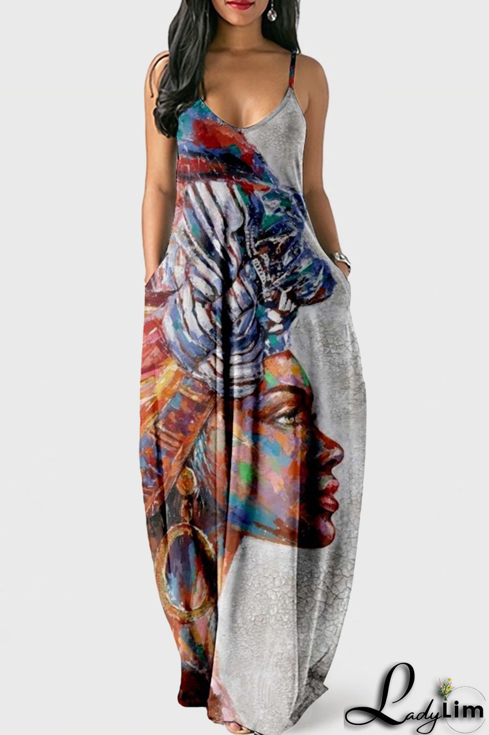 White Blue Fashion Sexy Print Backless Spaghetti Strap Long Dress