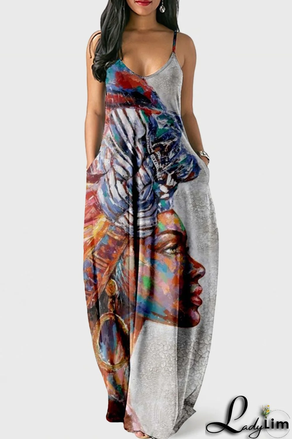 White Blue Fashion Sexy Print Backless Spaghetti Strap Long Dress