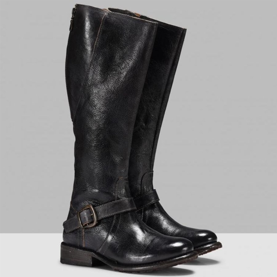 Plain Flat Round Toe Date Outdoor Knee High Flat Boots - SissiStyles.com