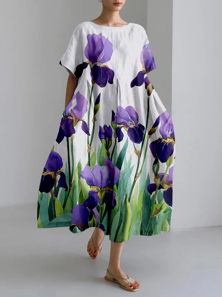 Purple Irises Watercolor Art Linen Blend Maxi Dress