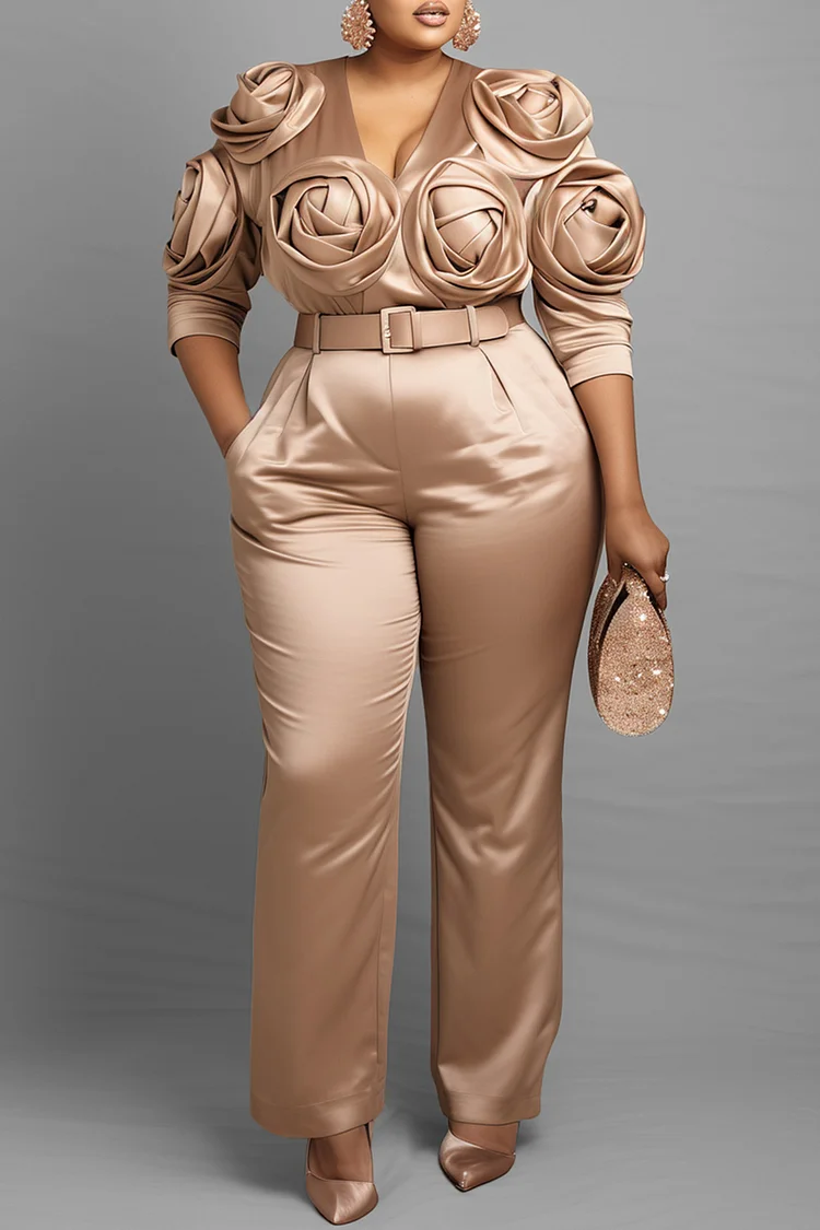 Xpluswear Design Plus Size Formal Champagne V Neck 3/4 Sleeve 3D Pocket Satin Jumpsuits [Pre-Order]