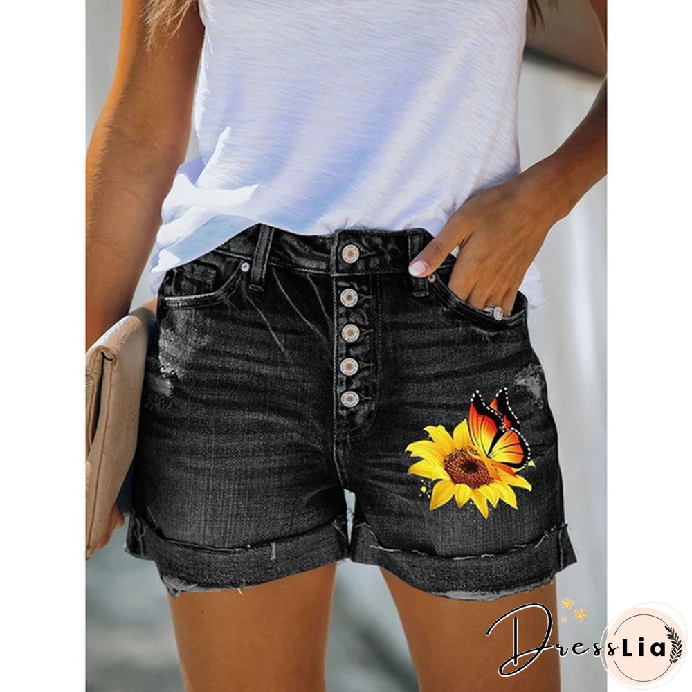 4 Summer Women Hot Shorts Sunflower Butterfly Print Denim Shorts Skinny Jeans Shorts