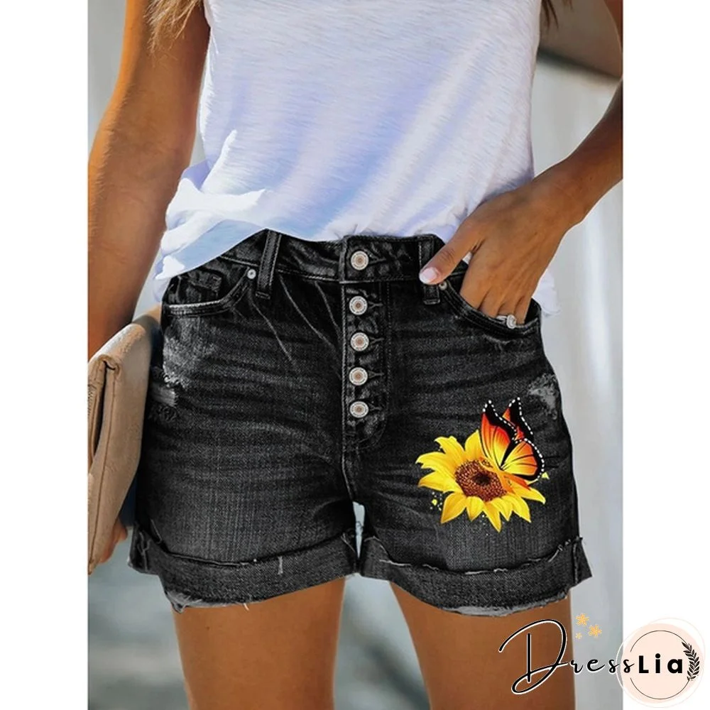 4 Summer Women Hot Shorts Sunflower Butterfly Print Denim Shorts Skinny Jeans Shorts
