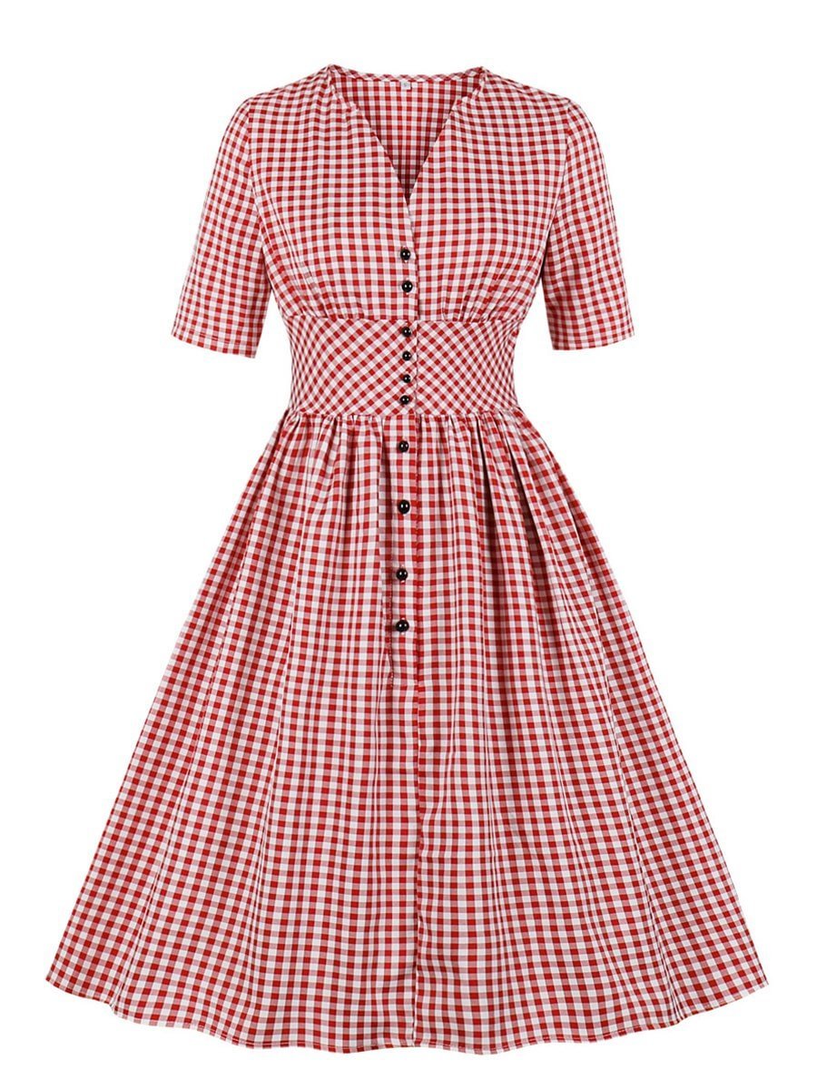 Vintage Dress Plaid V Neck Half Sleeve Midi Dress