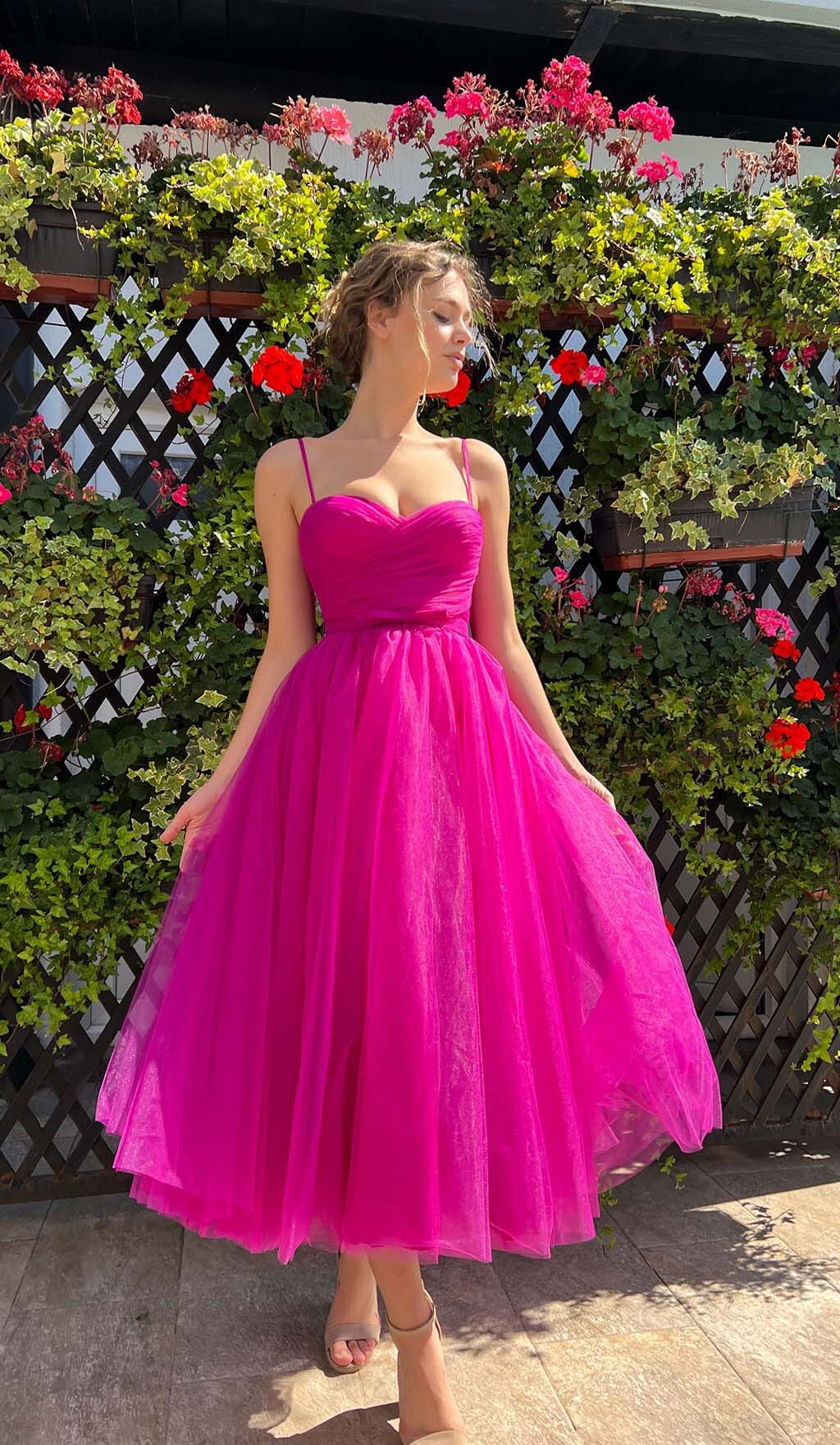Pleats Spaghetti Straps Midi Dress In Hot Pink Flowering Girl