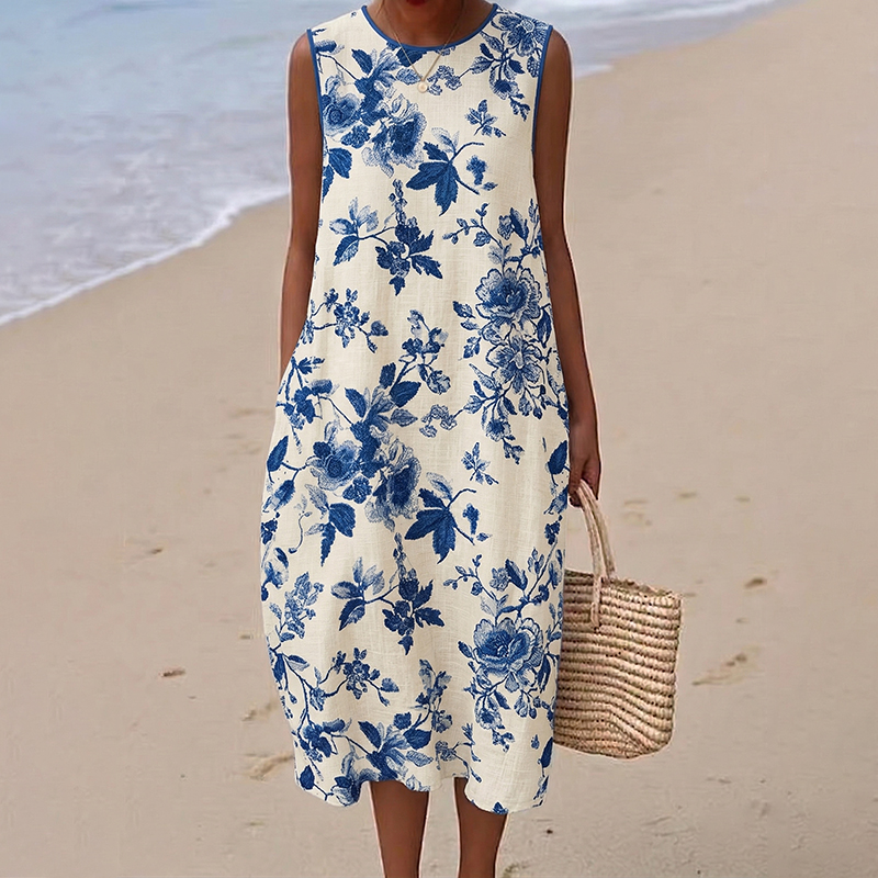 Women's Vintage Floral Print Round Neck Sleeveless Midi Dress elevenforest