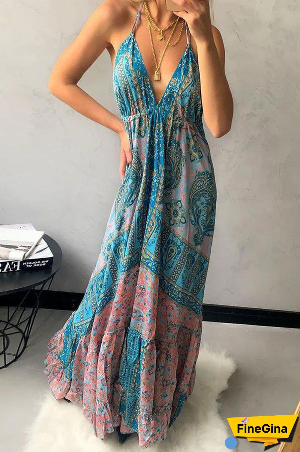 Boho Print V Neck Slip Maxi Dress