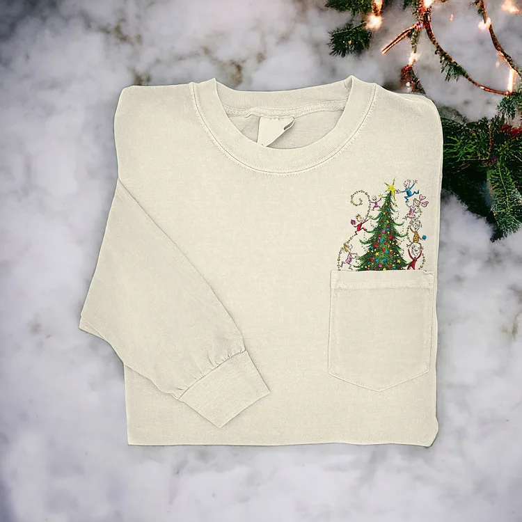 Women's Pocket Christmas Tree Inspired Long-Sleeved T-Shirt