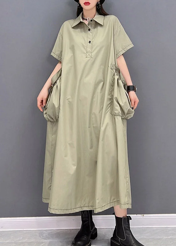 Stylish Green Peter Pan Collar Button Big Pockets Shirt Dress Short Sleeve