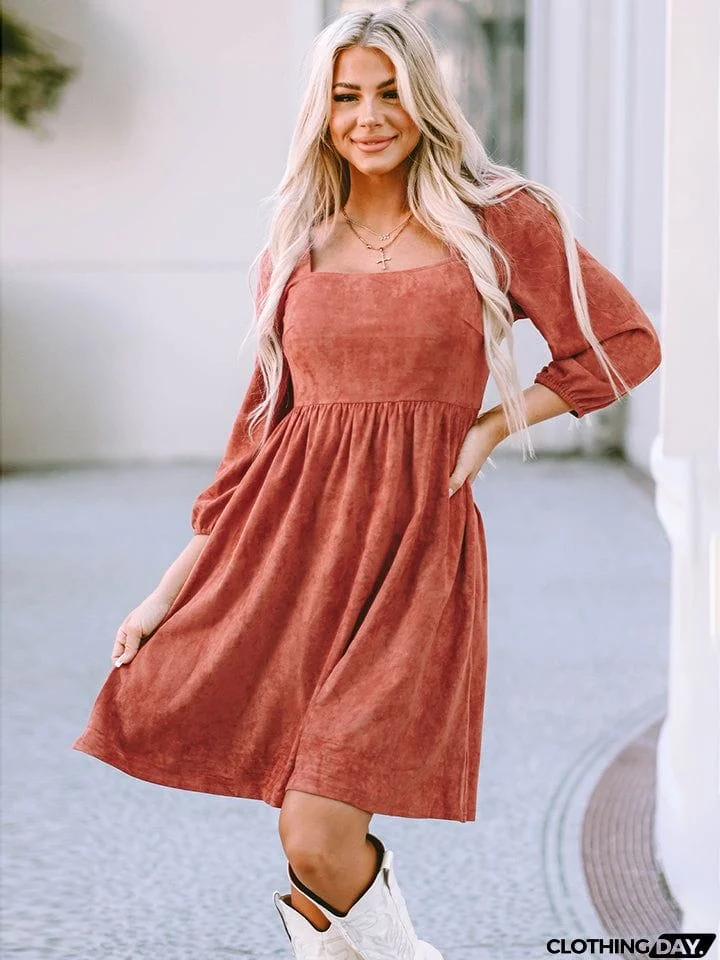 Square Neck Three-Quarter Sleeve Mini Dress