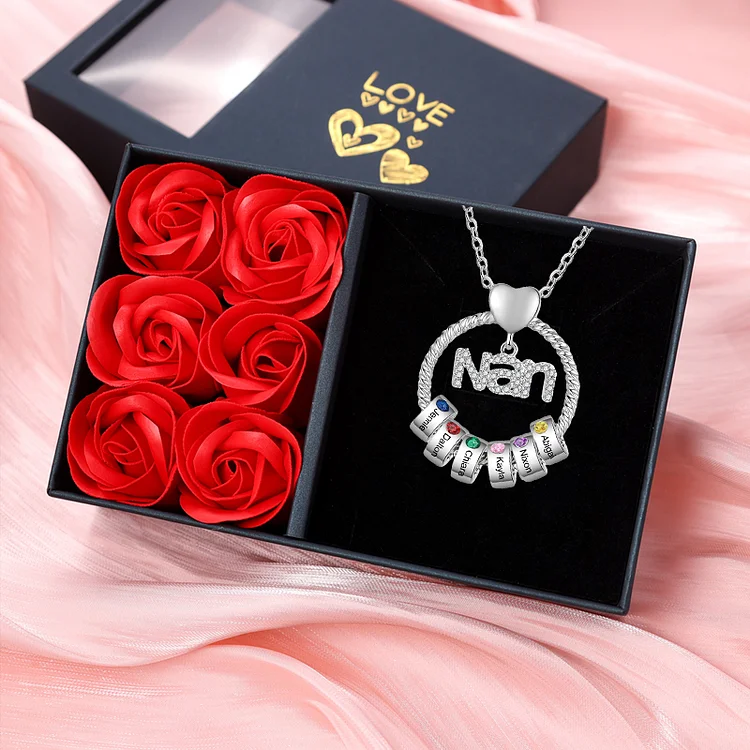 6 Names-Personalized Nan Circle Necklace Set With Rose Flower Gift Box-Custom Woman Necklace With 6 Birthstones Engraved Names Gift For Nan/Nana/Nanny/Granny