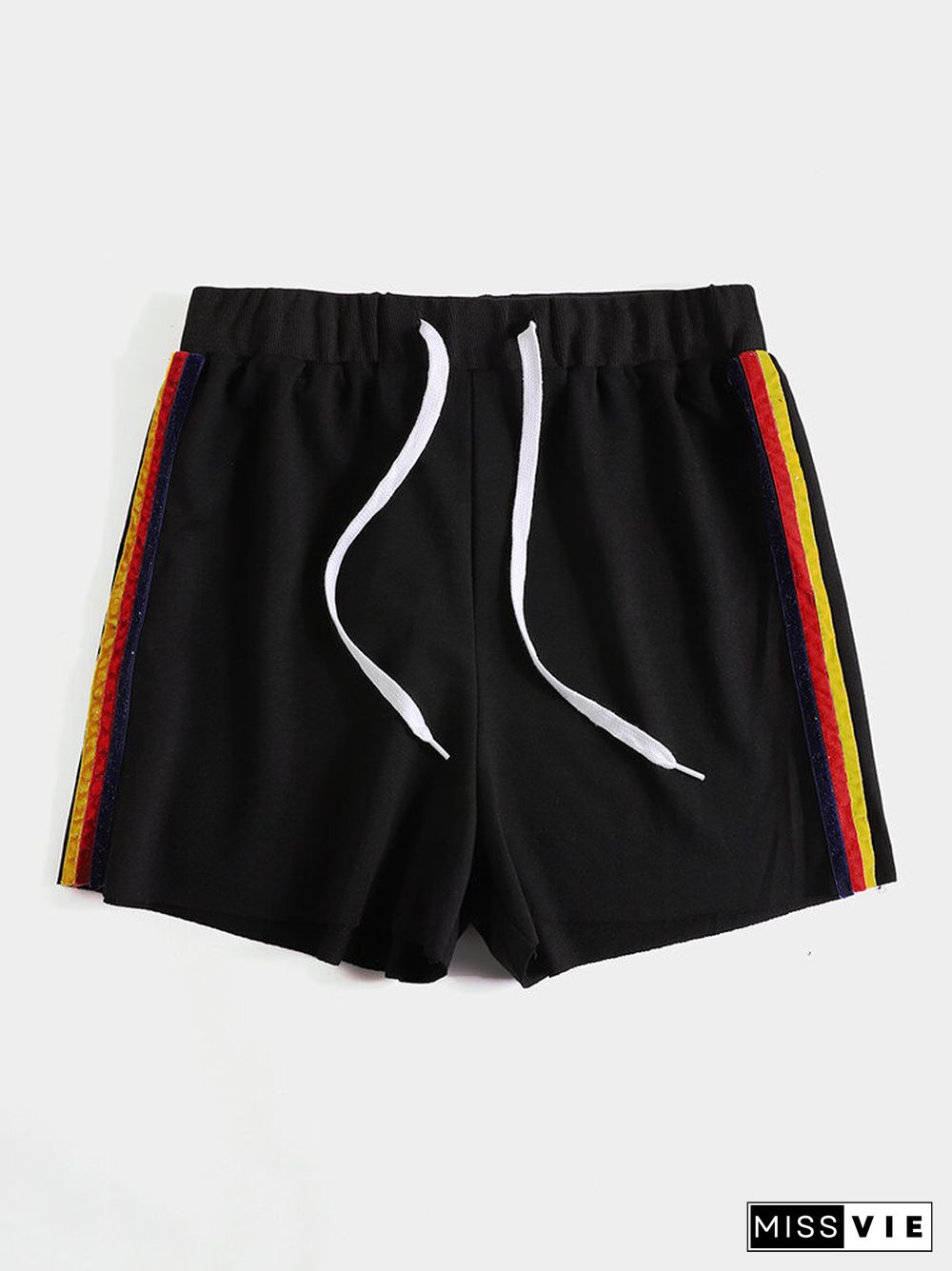 Side Striped Print Drawstring Casual Shorts for Women