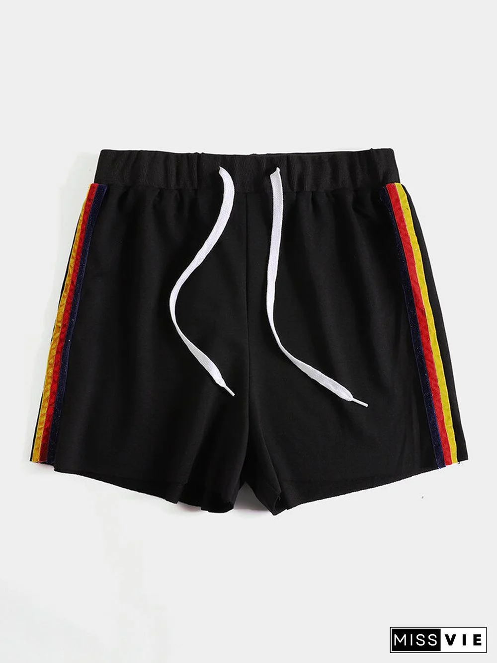 Side Striped Print Drawstring Casual Shorts for Women