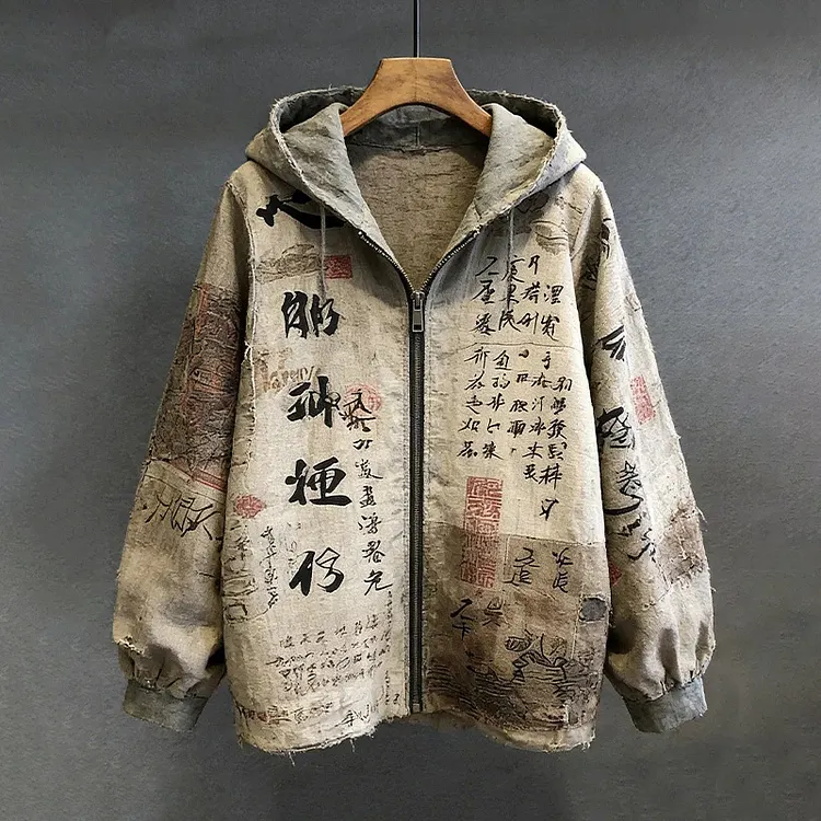 Men's Retro Calligraphy Japanese Art Print Hooded Zip Up Jacket