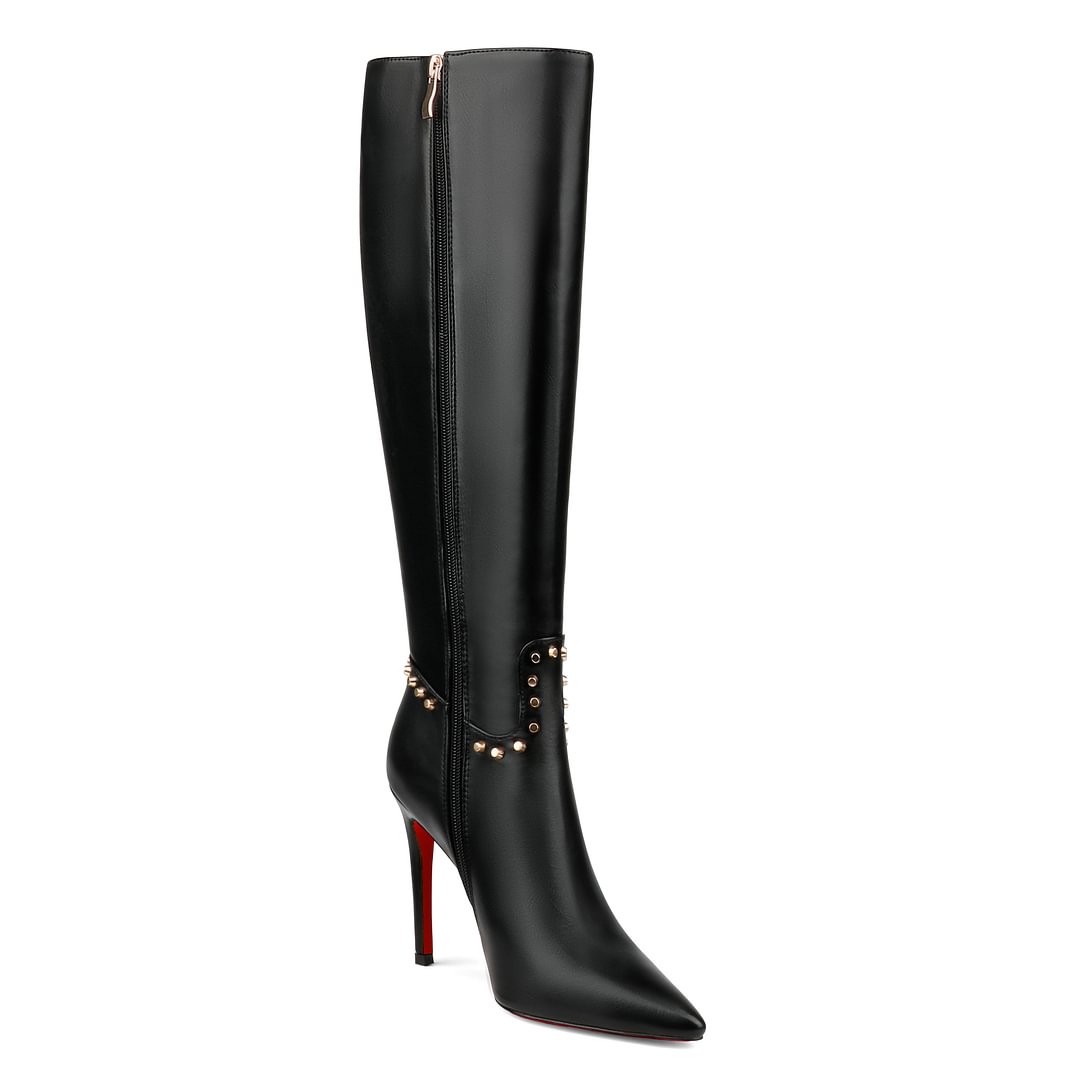 100mm Women's Fashion Zipper Leather High Heels Knee Boots Red Bottom Shoes-MERUMOTE