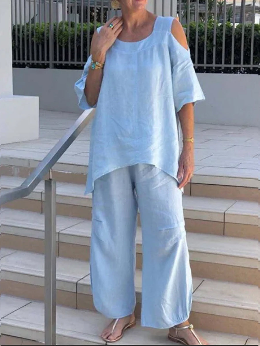 Casual Solid Color Cutout Top & Pants Two-Piece Set