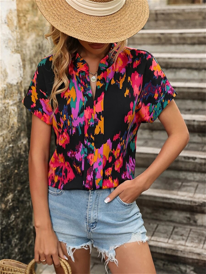 Summer New Loose Type Fashion Colorful Floral Print V-neck Insert Sleeve Short-sleeved Temperament Elegant Female Tops Women