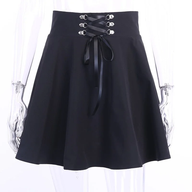 InsGoth High Waist Pleated Mini Skirts Women Gothic Punk Black Lace Up Skirt Casual Streetwear Solid Feminina A-line Party Skirt