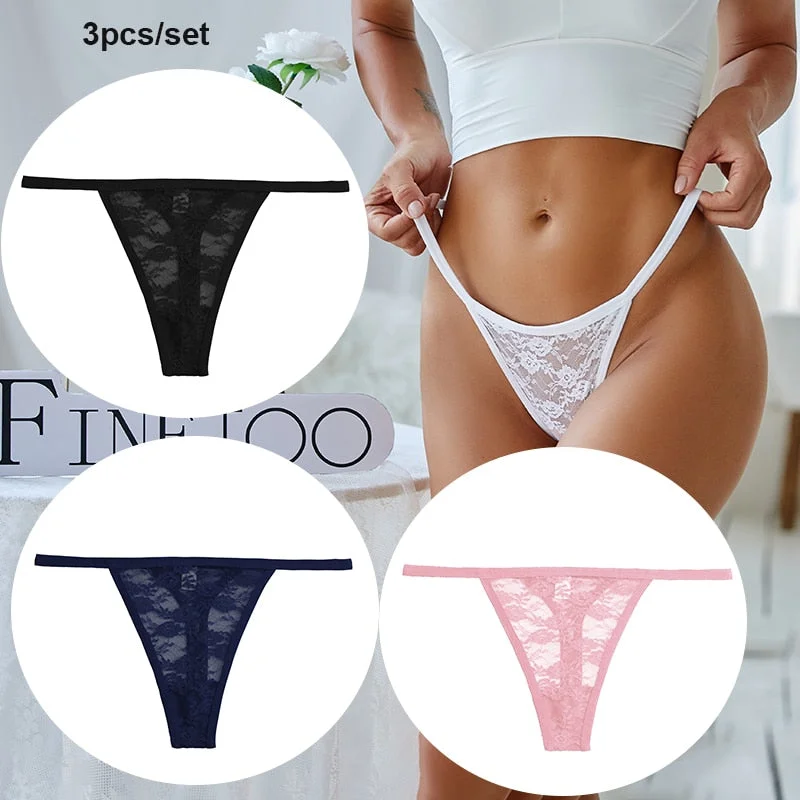 FINETOO 3PCS/Set Women Lace Sexy G-string Perspective Lingerie Temptation Panties Thong Underwear Panty Female Intimates M-XL