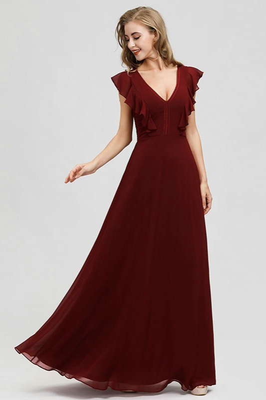 Bellasprom Burgundy Prom Dress Ruffles Long Evening Gowns V-Neck Bellasprom