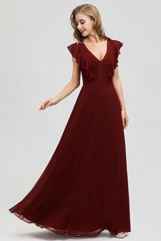 Gorgeous Burgundy V-Neck Prom Dress Ruffles Long Evening Gowns
