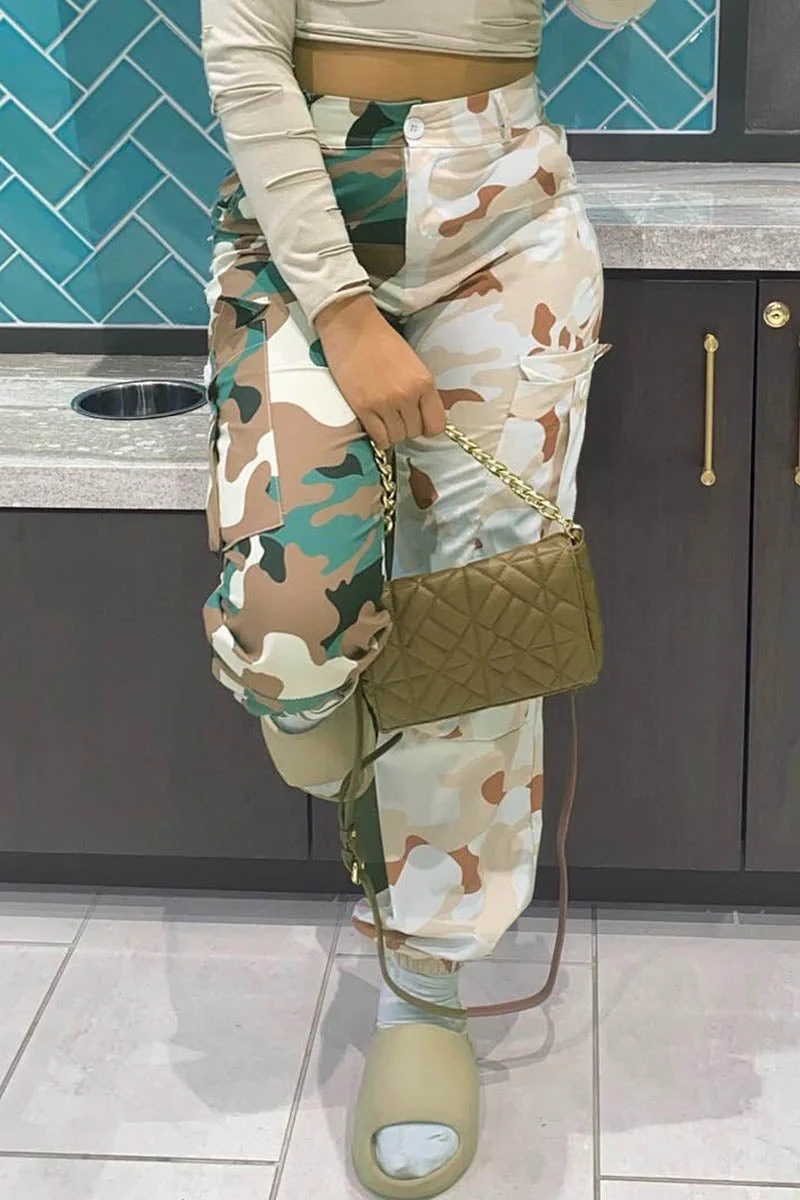 Casual Camouflage Print Patchwork Regular High Waist Trousers